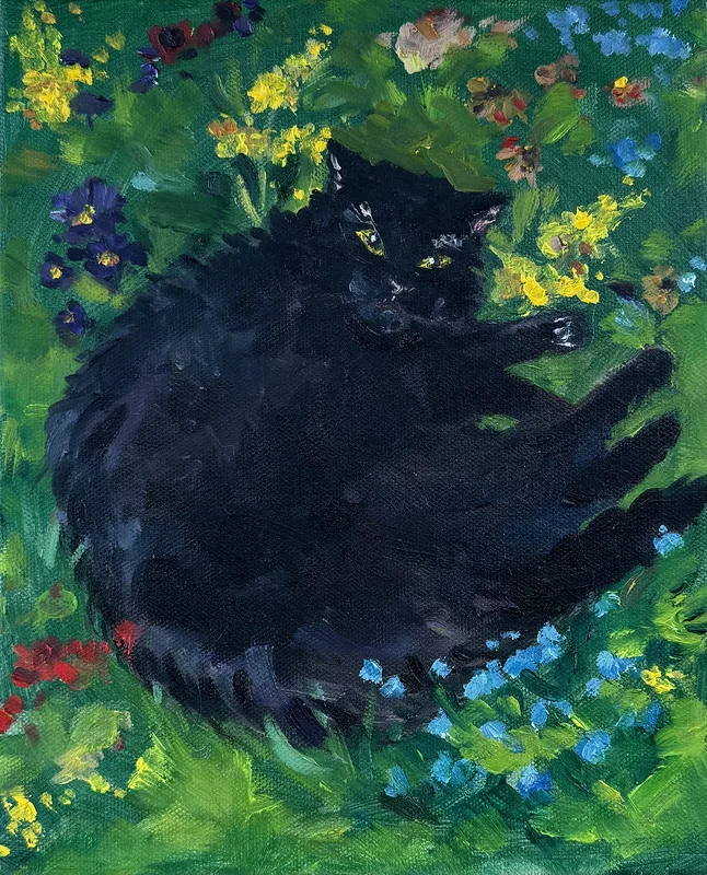 Oljemålning Svart Katt Bland Blommor av Olga Gorbachyova