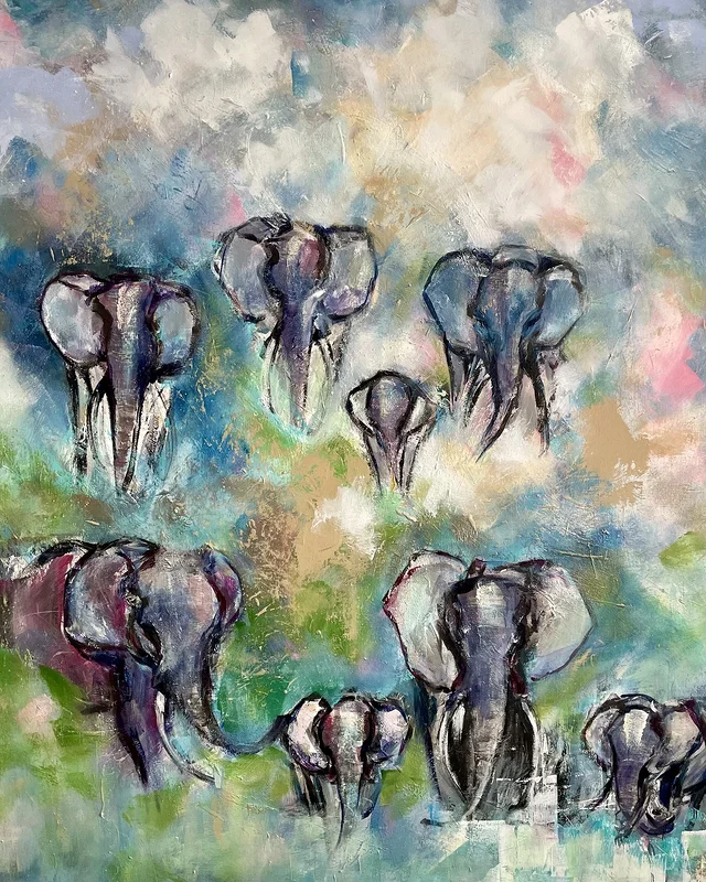 Akrylmålning Elefant. Savannah Family. av Ulrike Nordquist