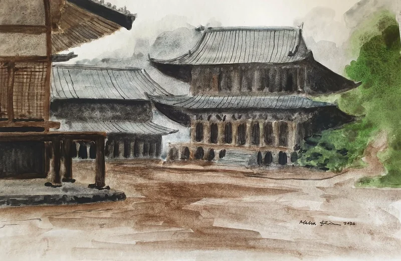 Akvarell Engyoji temple av Malva Forslin