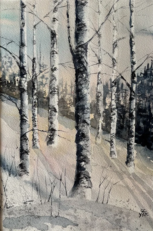 Akvarell Between Winter and Spring on Birch Hill av Johanna Tott