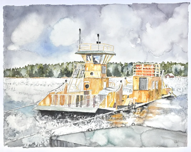 Akvarell Färja till Högmarsö, av Cécile Hansson