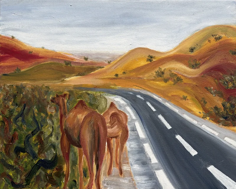 Oljemålning Roadside camels av Weiwei Yue