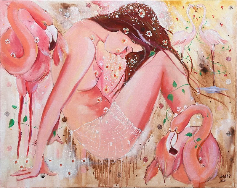 Oljemålning The flamingos embrace av Judith Miró Rodriguez