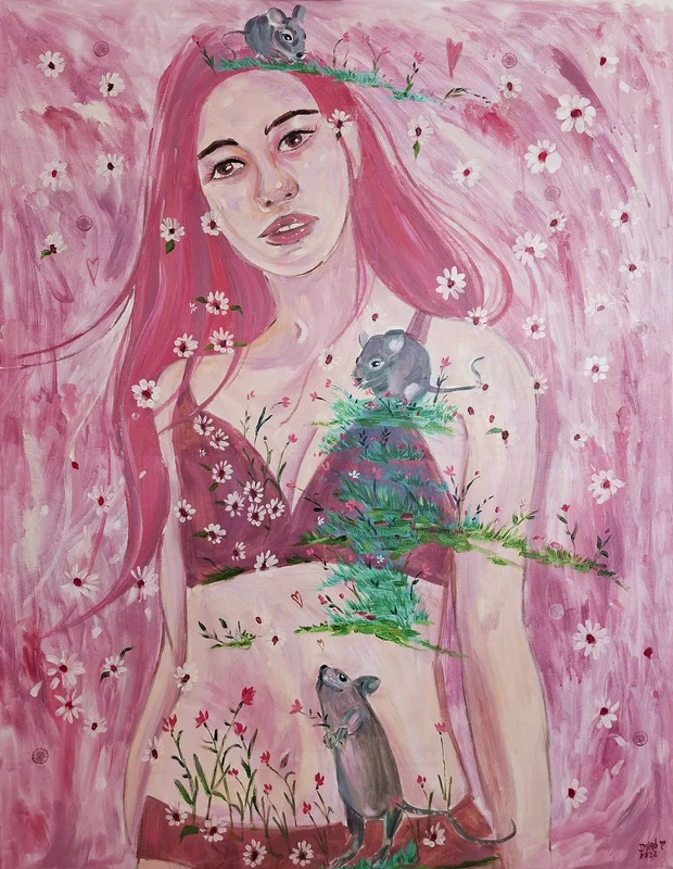 Oljemålning Entwined hearts: The woman, the rats and the pink. av Judith Miró Rodriguez