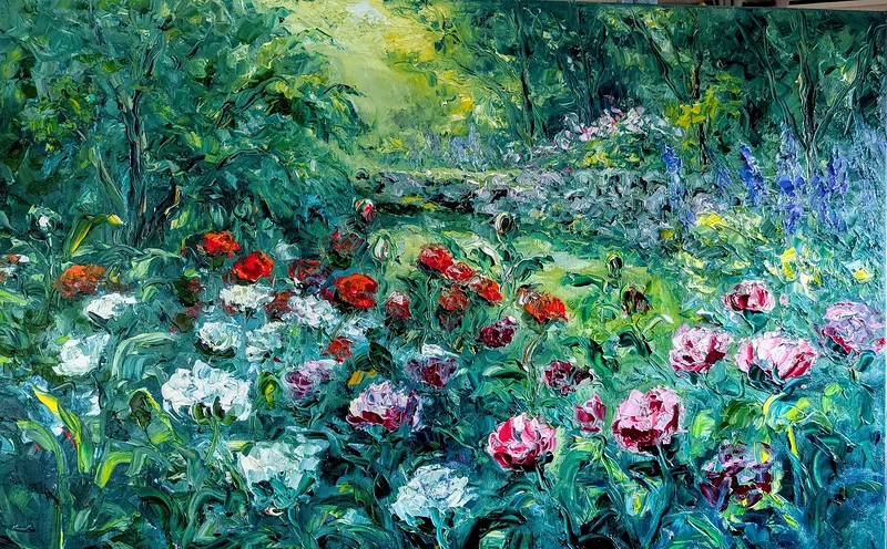 Oljemålning Pionernas blomning av Kathrin Bernekorn