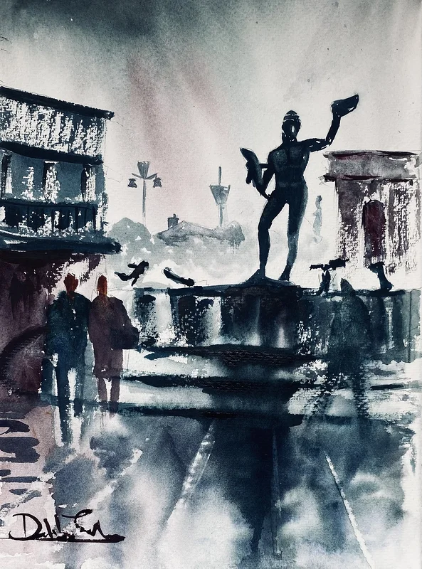 Akvarell Posidon , Götaplatsen, Göteborg av Emin Fine Art