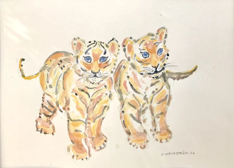 Akvarell Två tigerungar. av Ulla Weckström