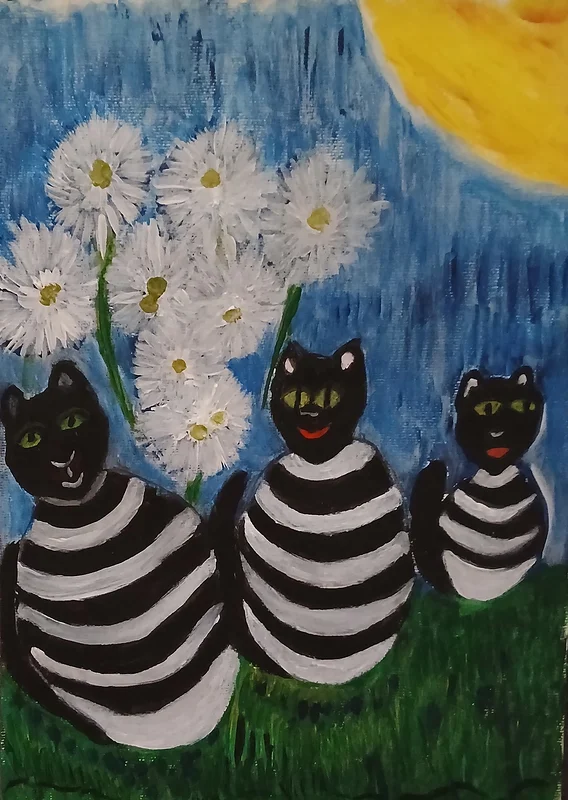 Akrylmålning Katt familj av Monica Hamberg