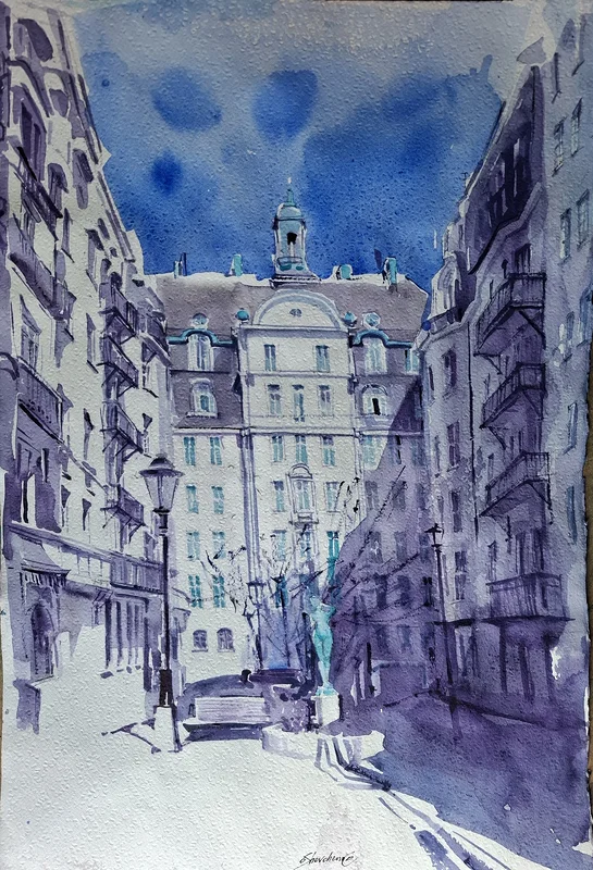 Akvarell Stockholm , Strandvägen av Olha Shevchenko