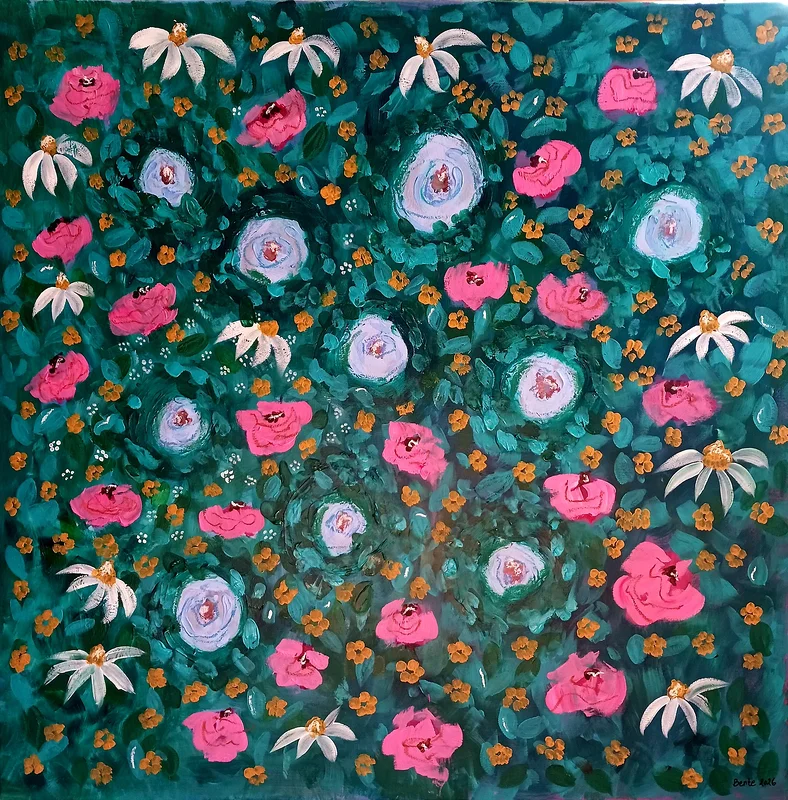 Akrylmålning Blommor och blad av Bente Mellquist Danielson