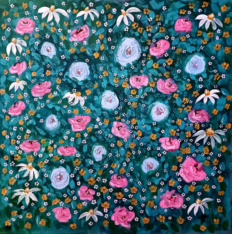 Akrylmålning Blommor och blad av Bente Mellquist Danielson