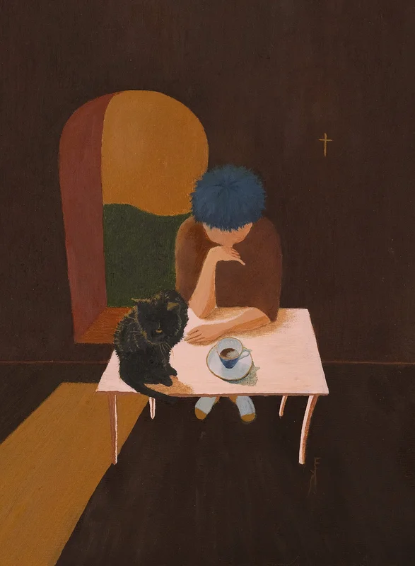 Oljemålning Boy with Blue Hair and Coffee av Elin Karhunen