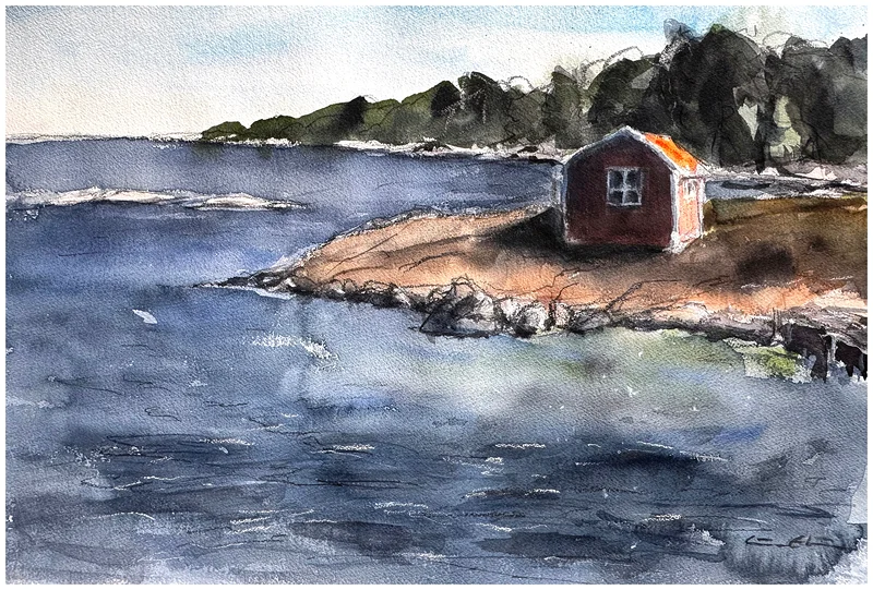 Akvarell Sjöboden Möja av Göran Ekström