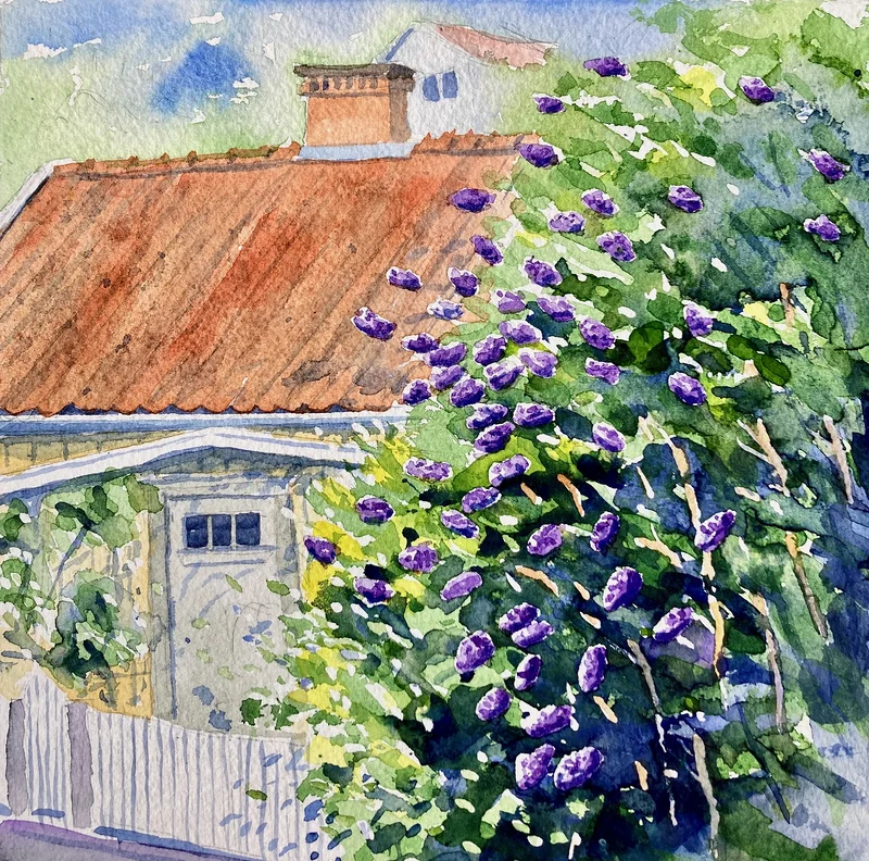 Akvarell Syrenerna blommar (Fiskebäckskil) av Tord Wennerblom