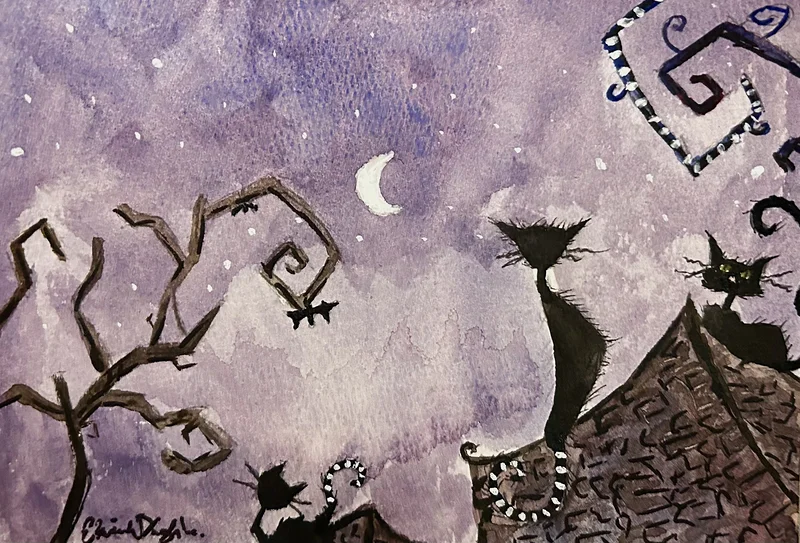 Akvarell Spooky cat time av Elvira Dingsten
