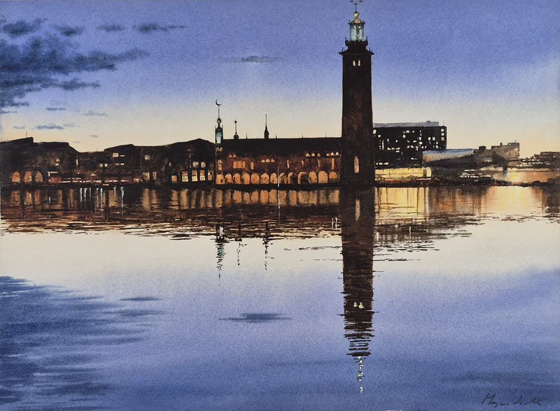 Akvarell Stadshuset av Magnus Liden