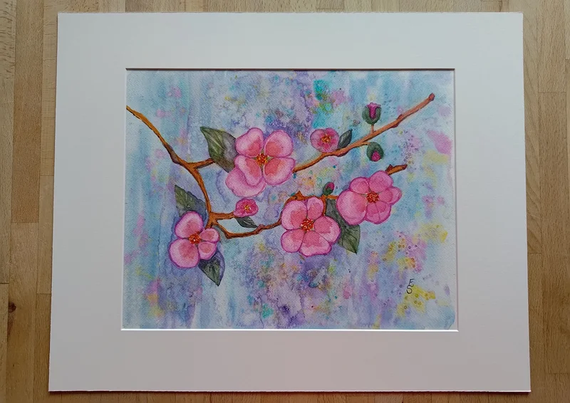 Akvarell Körsbärsblommandekvist av Elizabeth Svensson