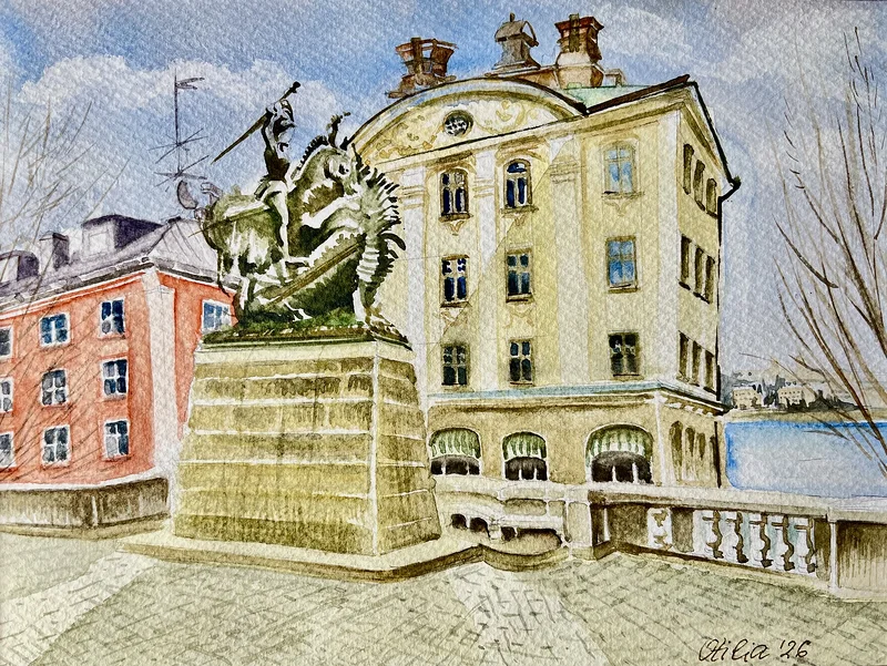 Akvarell Köpmantorget, Stockholm av Otilia Tarlapan