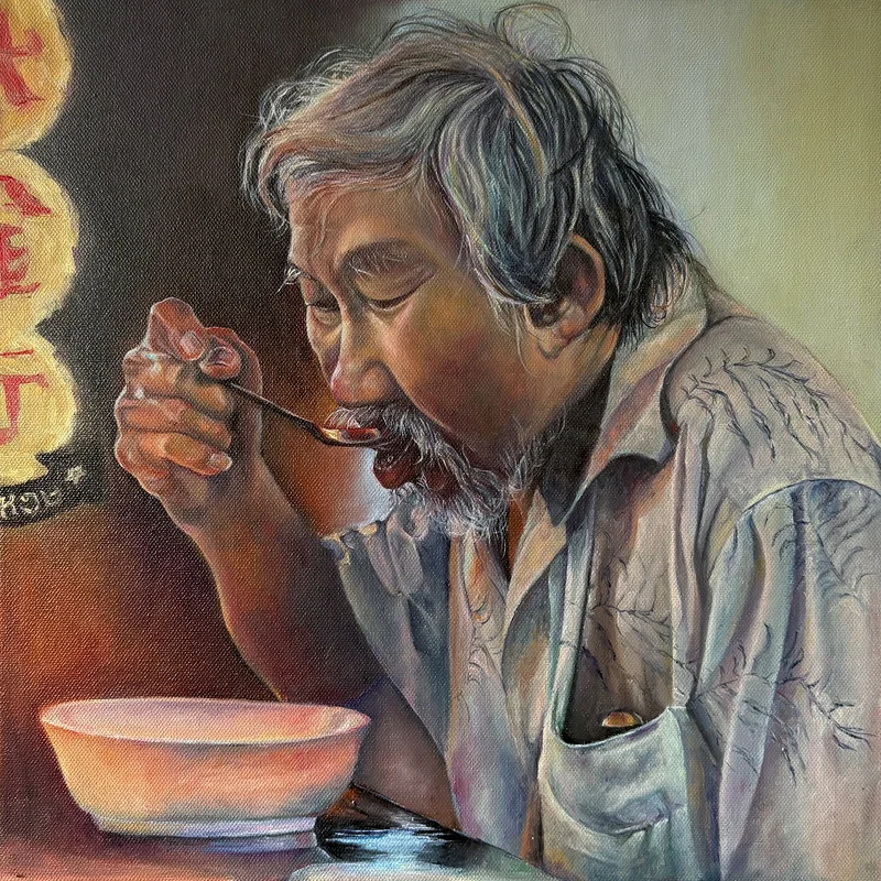 Oljemålning Late dinner in Chinatown av Anastasiya Kostyuk