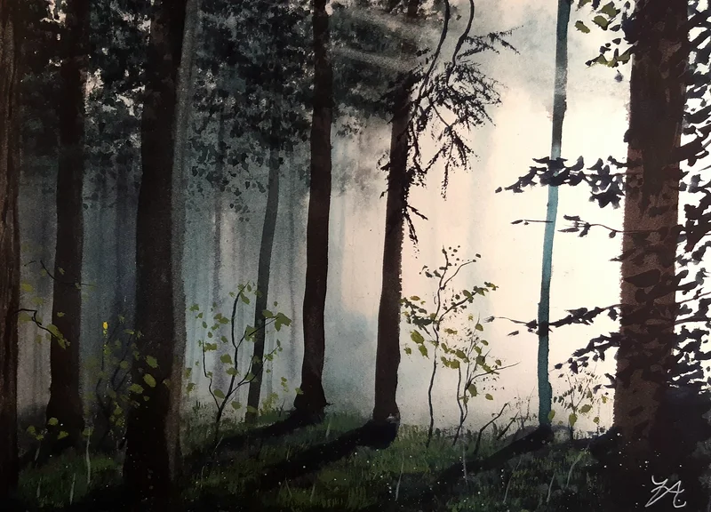 Akvarell Dimma över skogen av Victor Andersson
