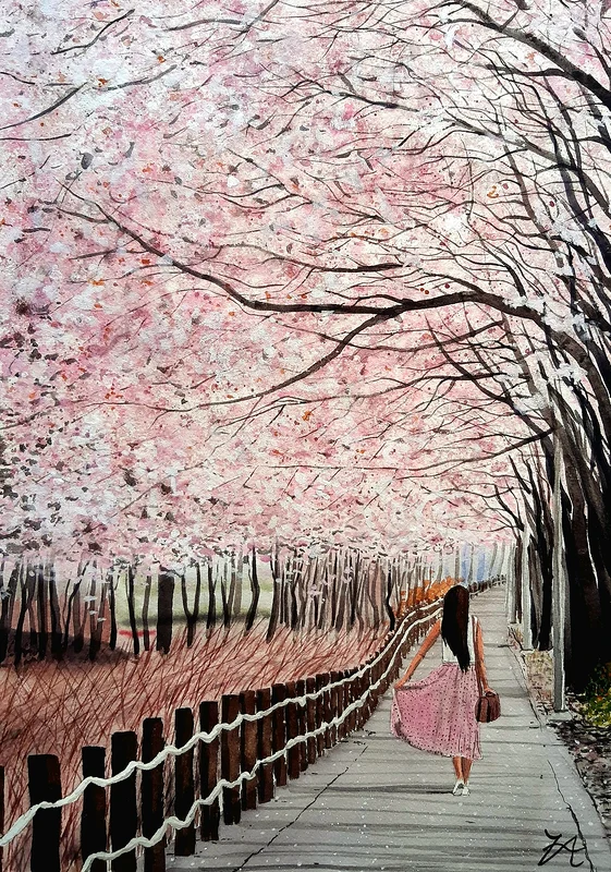 Akvarell Körsbärsblomningens gång av Victor Andersson