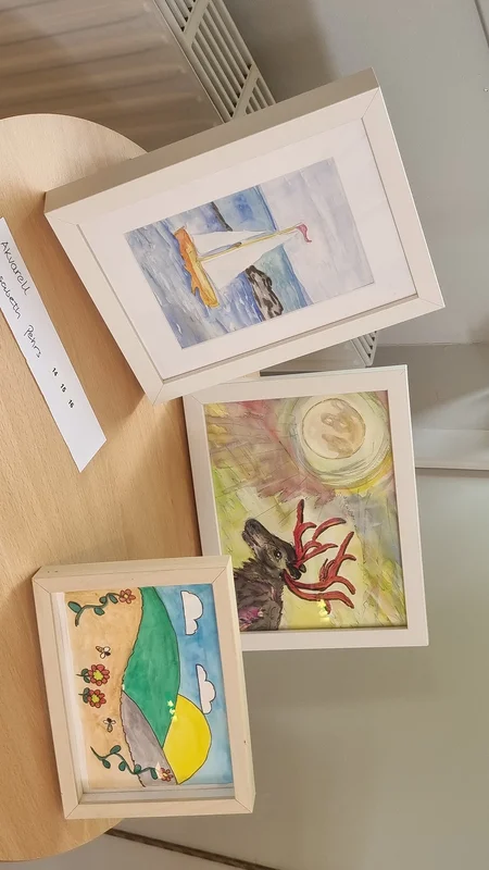 Akvarell Båt , Rehn i Norrsken, sago berg av Elisabeth Pehrs