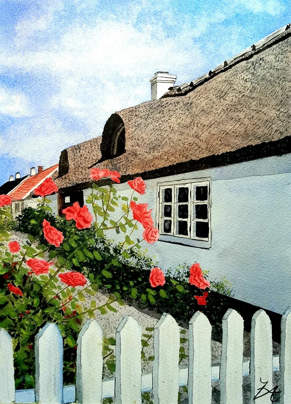 Akvarell Sommar i byn av Victor Andersson