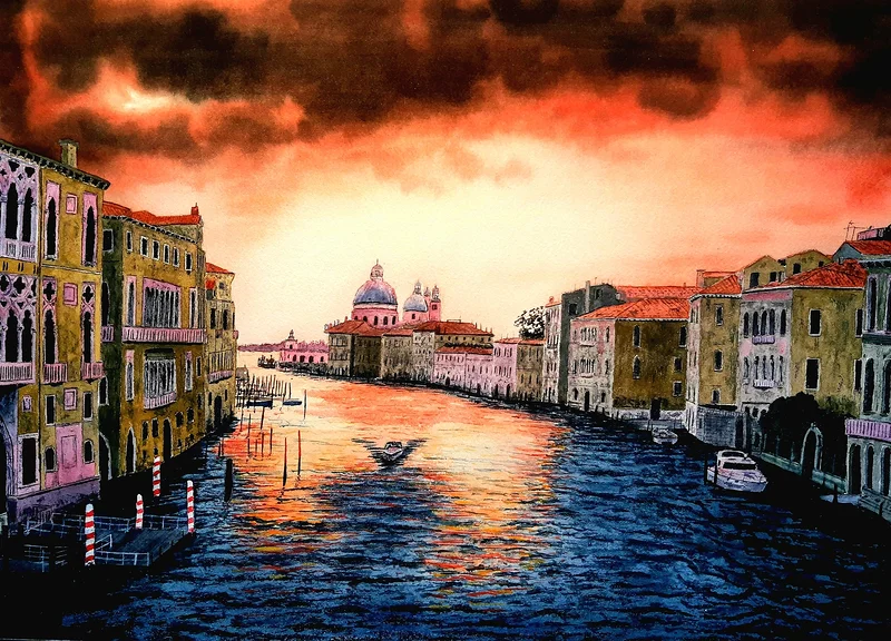 Akvarell Skymning över Canal Grande av Victor Andersson