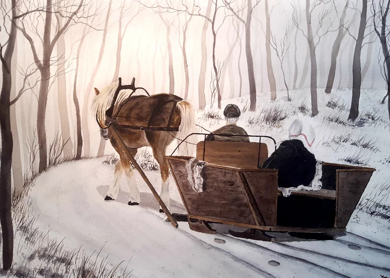 Akvarell Vinterfärd genom skogen av Victor Andersson