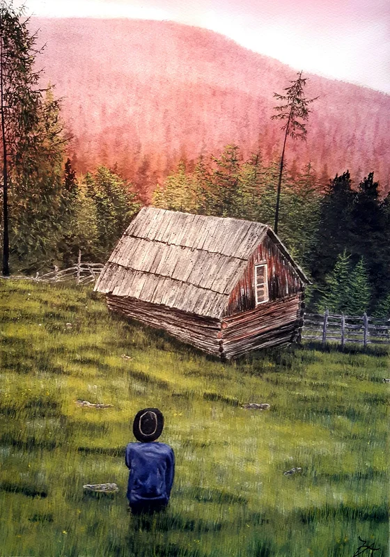 Akvarell Skymning vid stugan av Victor Andersson