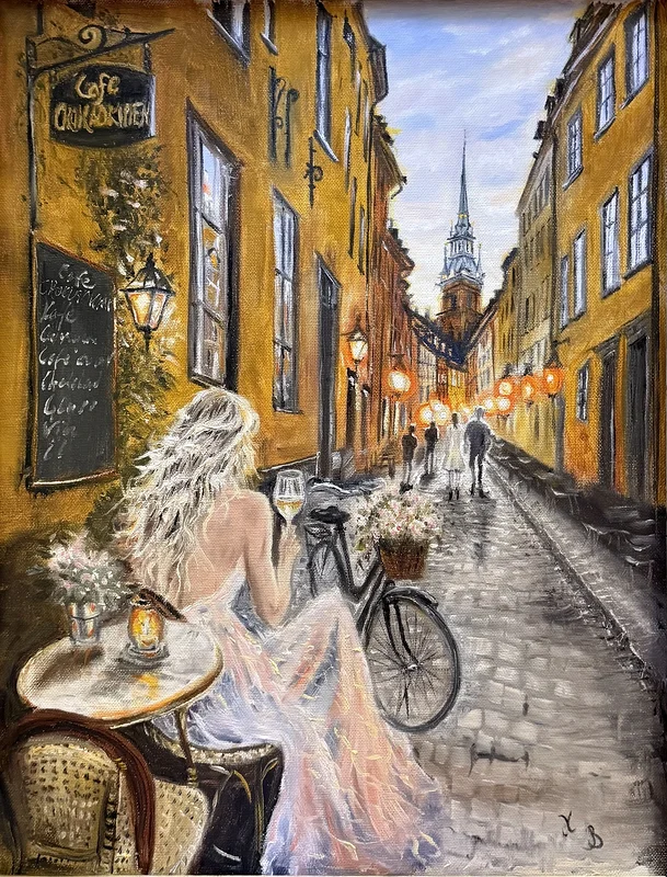 Oljemålning Sommarflickan i Gamla stan av Katarina Blomberg