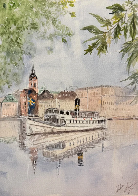 Akvarell Skärgårdsbåtens dag av Katarina Blomberg