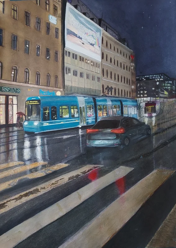 Akvarell Spårvagn påStrandvägen av Alexander Carles