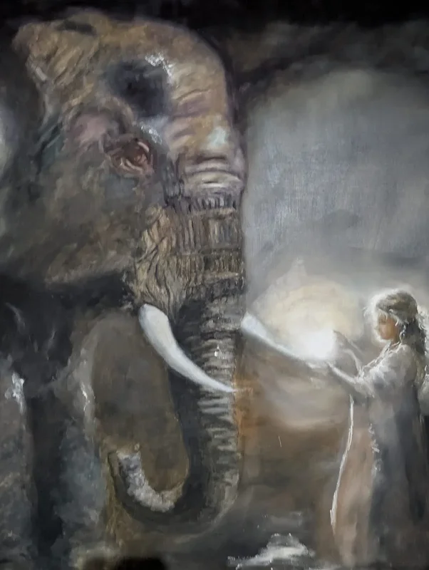 Oljemålning Elrphant and Girl of Light av Lola Amethyst