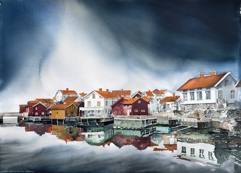 Akvarell Aprilväder Gullholmen av Carl Erasmie