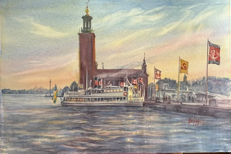 Akvarell Stadshuset av Nadja Helin