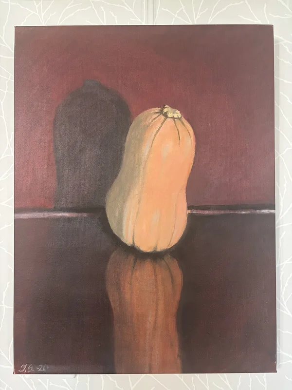 Oljemålning Butternutpumpa med mörkröd bakgrund av Ingrid Stenbeck