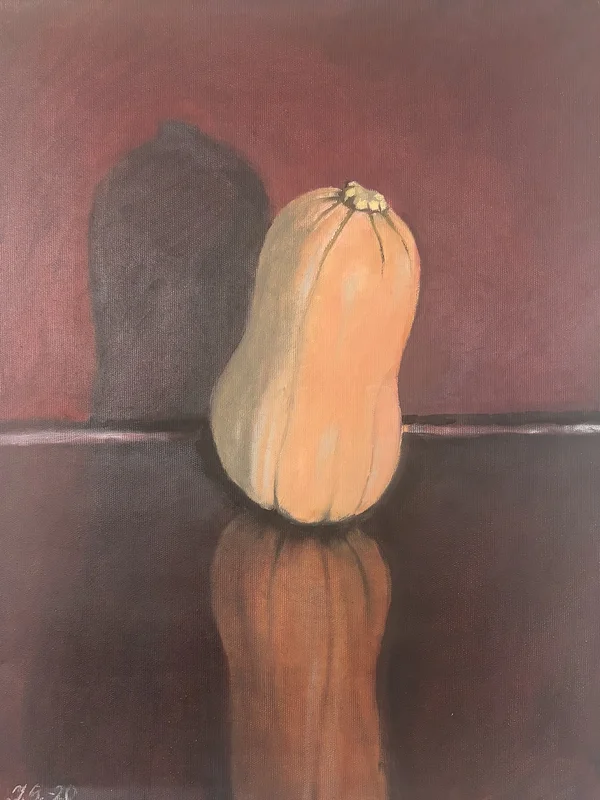 Oljemålning Butternutpumpa med mörkröd bakgrund av Ingrid Stenbeck