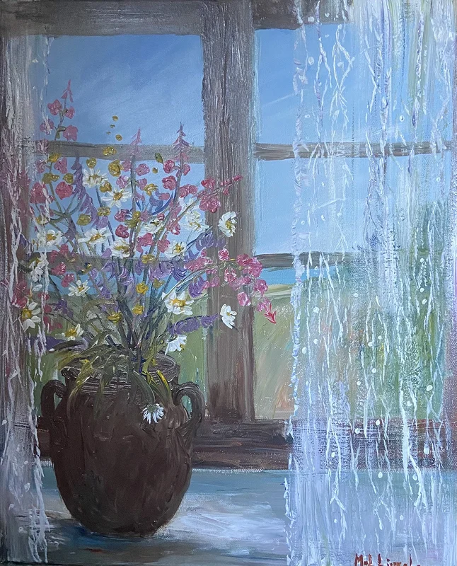 Akrylmålning Ängsblommor i fönstret av Marie-Louise Ljungberg