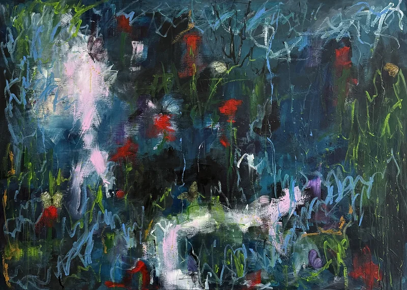 Akrylmålning Roses and butterflies av Peter Frejeberg