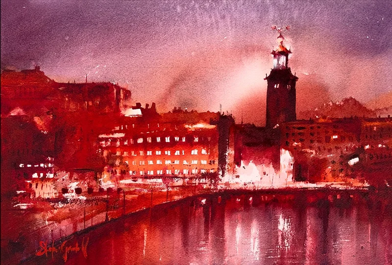 Akvarell Stadshuset från Barnhusbron av Stefan Gadnell