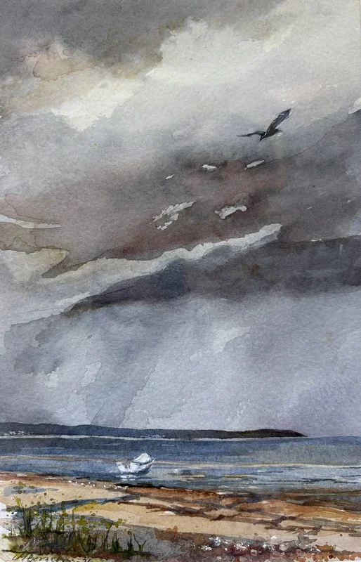 Akvarell Himmel över Laholmsbukten 2 av Margareta Bergetun
