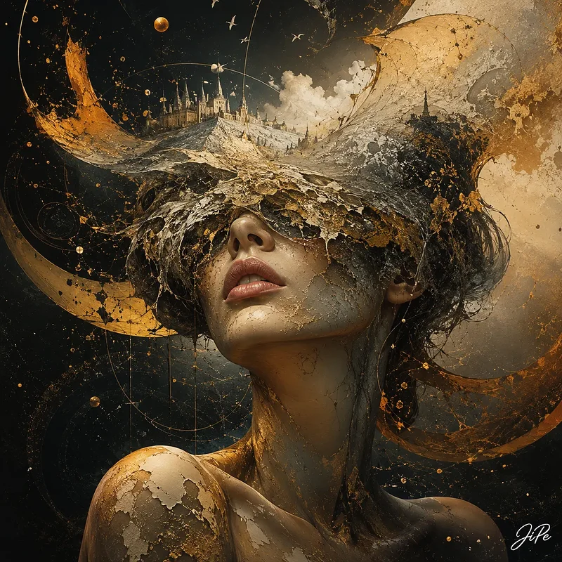 Oljemålning Surreal Portrait with a Golden Landscape av Jimmy Persson