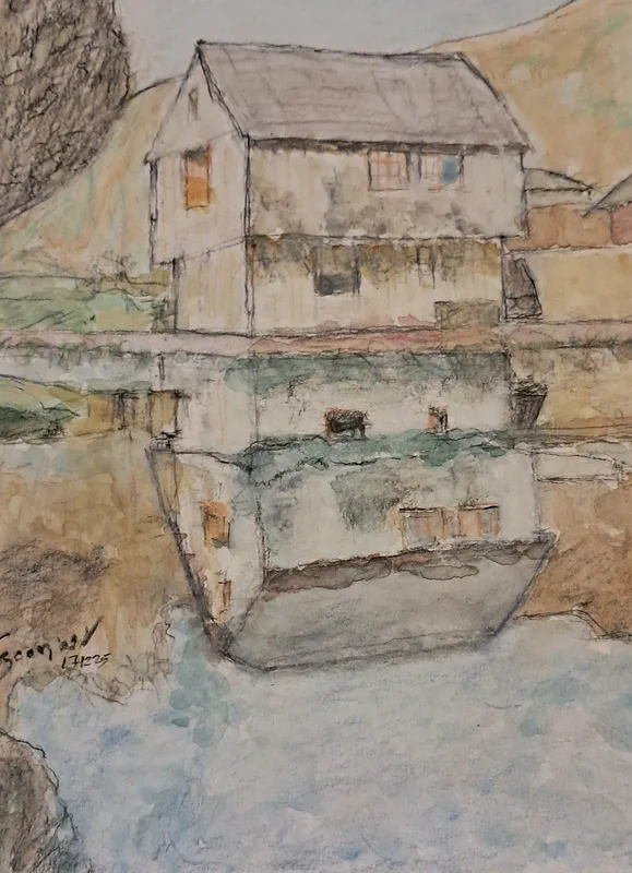 Akvarell Akvarell  ,  Hus vid sjön av Georgios Voutsas