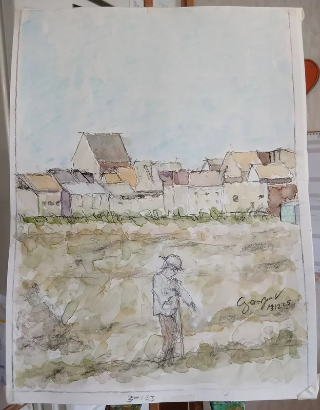 Akvarell Akvarell , figur på fält , o hus,, av Georgios Voutsas