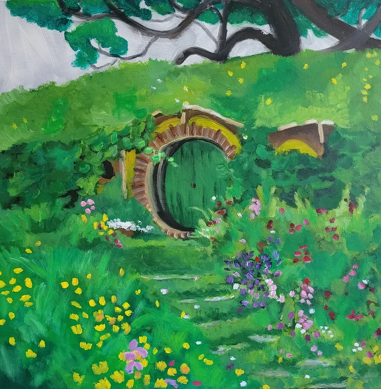 Akrylmålning Hobbiton av Malva Forslin