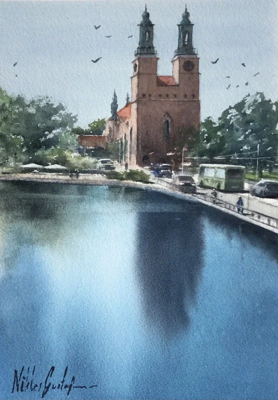 Akvarell Kloster kyrka av Niklas Gustafsson
