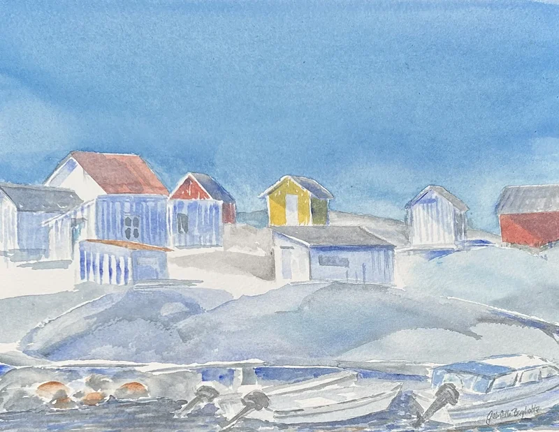 Akvarell Vrångö hamn av Gabriella Bergholtz
