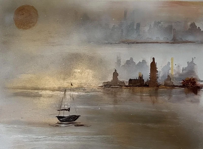 Akrylmålning City of quiet light Abstrakt landskap akrylmålning på duk av Donna Lee Johansson