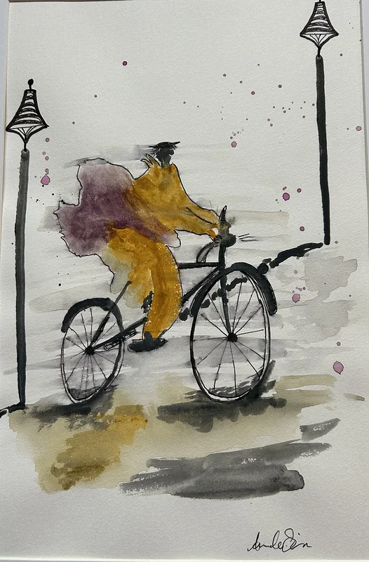 Akvarell Cyklist i motvind av Annelie Simonsen